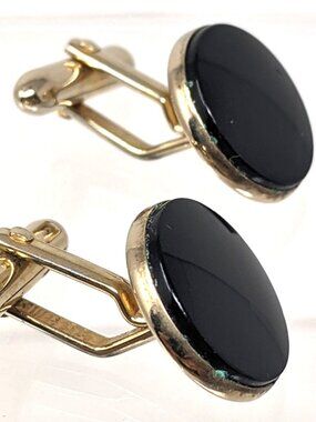 VTG SWANK Black Onyx Gold Round Cufflinks Traditional Dress or Business